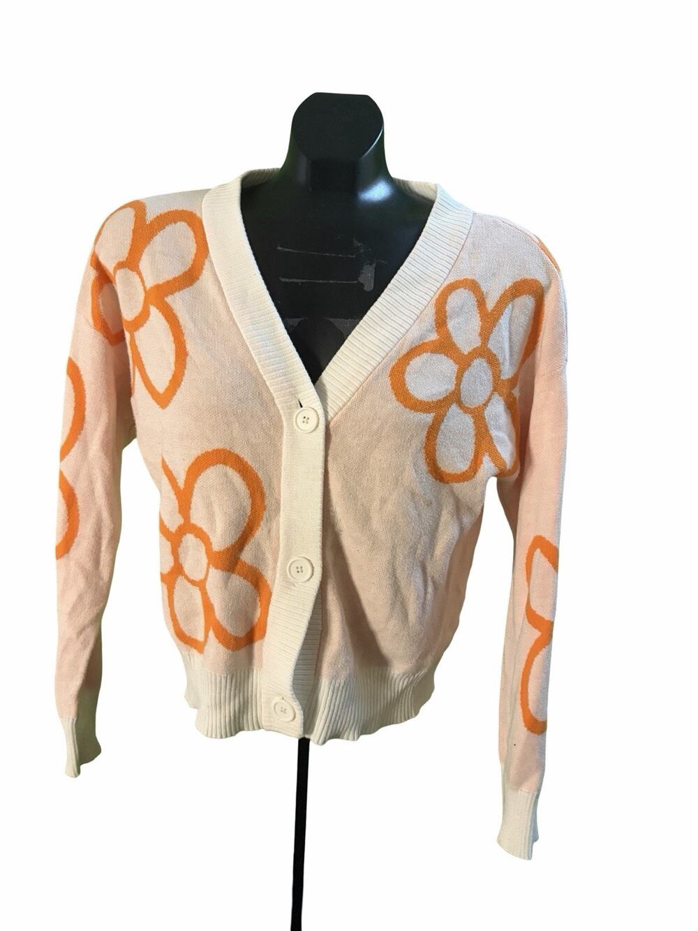 Nikkak Peach & Orange Floral Cardigan Sweater – Soft Knit V-Neck (Size M)